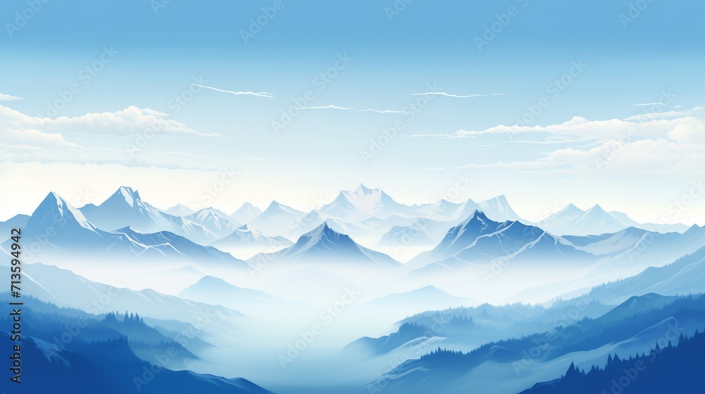 A serene mountain range under a clear blue sky in the morning, showcasing the majestic peaks and tranquil atmosphere of a morning mountain view - Generative AI