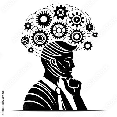 Abstract black and white illustration of a thinker with gears overhead, symbolizing mental processing