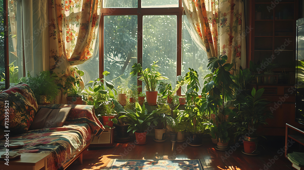 Uma sala de estar banhada pelo sol decorada com tema botânico  Plantas verdes exuberantes caem de vasos de terracota acrescentando uma vibração natural ao espaço