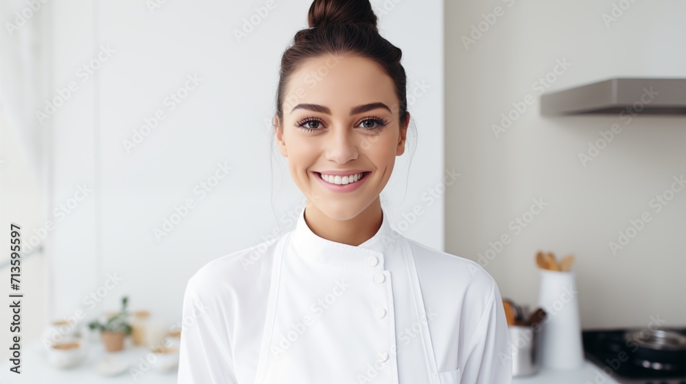 Young beautiful brunette woman with hair bun and toothy smile in cooking shef white clothes looking at camera on white background Young beautiful brunette woman with hair bun and toothy smile in cooking shef white clothes looking at camera on white background