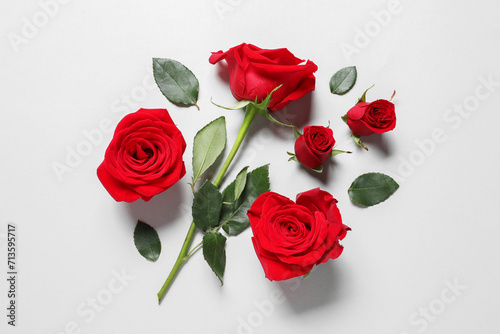 Beautiful red roses on light background  flat lay