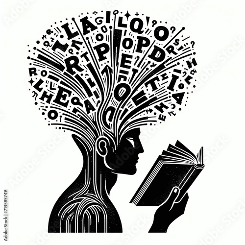 Minimalist illustration of a figure with a book head, words flowing out, symbolizing a fountain of knowledge