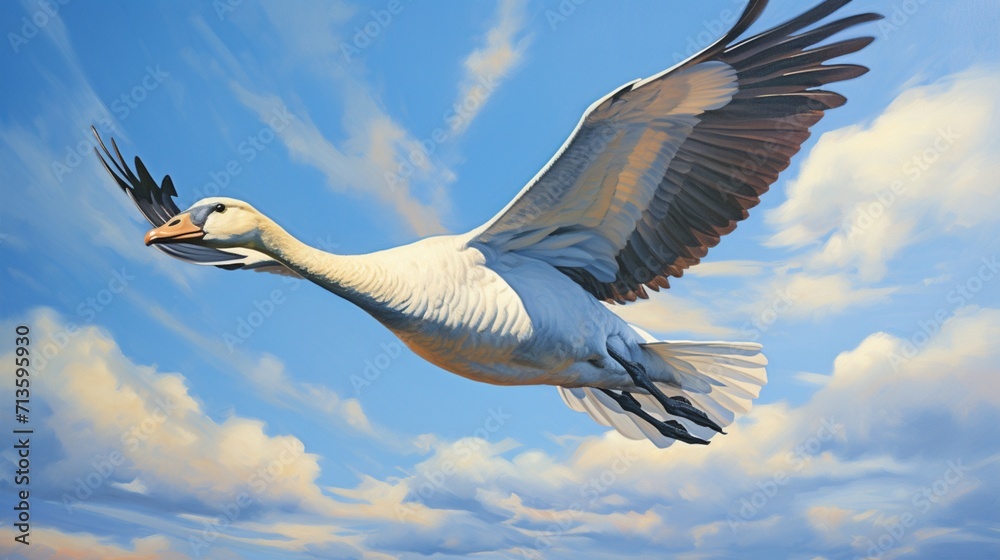 Obraz premium Graceful Goose Soaring through a Vibrant Sunset Sky - AI-Generative