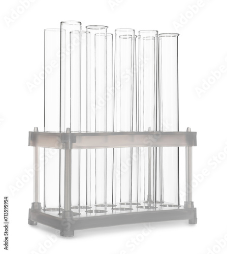 Stand with many empty test tubes isolated on white © New Africa