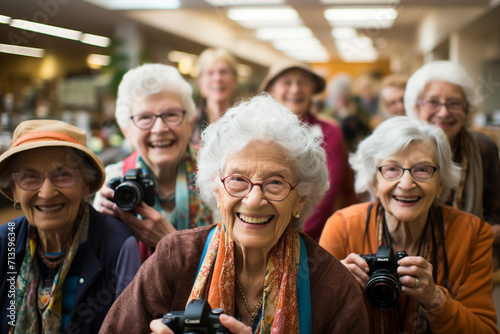 A lively gathering of seniors in a photography club, capturing the beauty of life through their lens and embracing the art of storytelling.