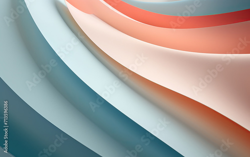 Abstract wallpaper background with smooth and curved lines created by folding paper in the shape of waves, featuring blue, orange, pink, and white colors and shades. photo