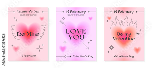 Valentines Day greeting card templates in 90s style.Romantic vector illustrations in y2k aesthetic with linear shapes blurred hearts flame sparkles.Modern designs for smm invitations prints promos.