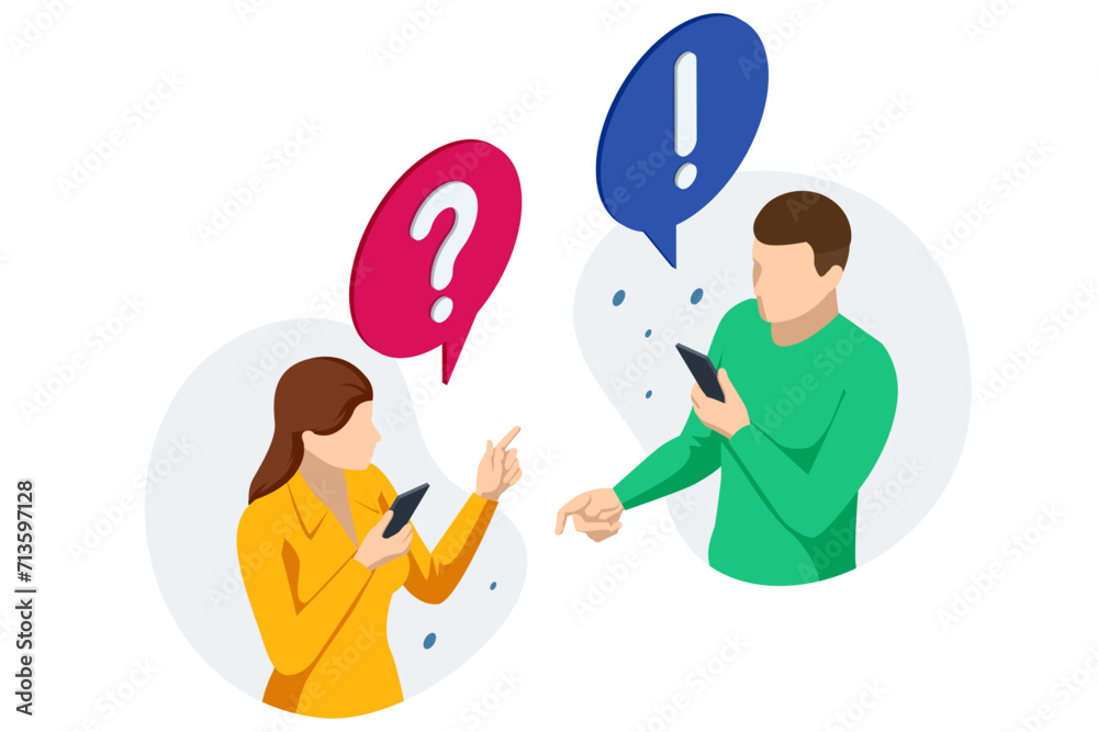 Isometric Question Marks, Message box with question, Chatbot technology, AI chat bot based on artificial intelligence. Woman and Man Ask Questions and receive Answers. Isometric Question Marks, Message box with question, Chatbot technology, AI chat bot based on artificial intelligence. Woman and Man Ask Questions and receive Answers.