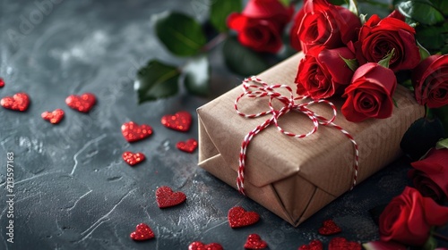 Moody Elegance - Dark Background with Roses and Rustic Gift in a Valentine's Day Concept