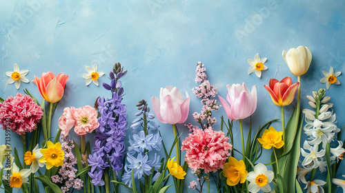 Variation of spring flowers, tulips, narcissus and hyacinths on blue background. Floral border
