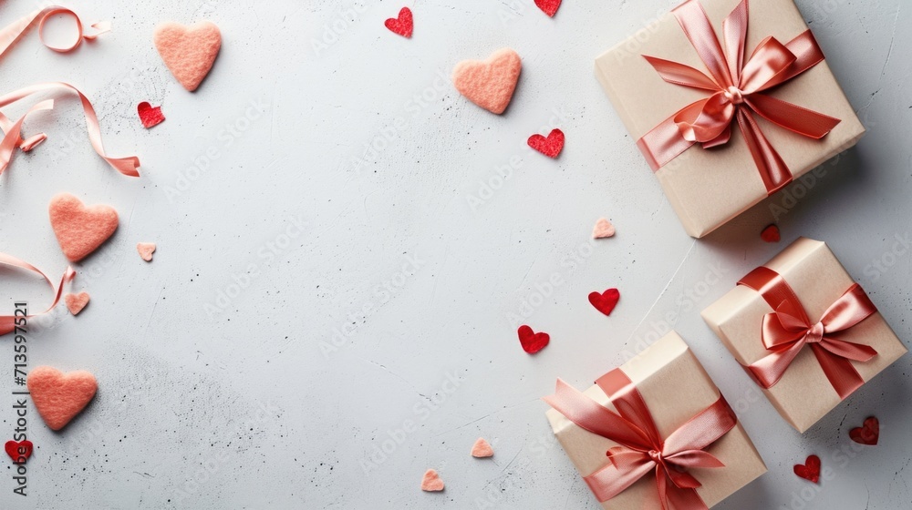Elegant Simplicity - White Surface with Craft Paper Gifts and Playful Hearts, Valentine's Day Concept Elegant Simplicity - White Surface with Craft Paper Gifts and Playful Hearts, Valentine's Day Concept