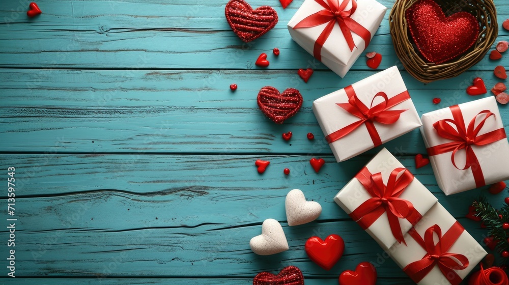 Fresh Symmetry - Sky-Blue Wooden Background with White Gift Boxes, Valentine's Day Concept Fresh Symmetry - Sky-Blue Wooden Background with White Gift Boxes, Valentine's Day Concept
