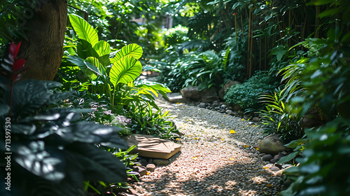 Um ambiente de jardim tranquilo e sereno abundante em uma variedade de plantas e flores vibrantes e exuberantes exala uma atmosfera reconfortante e rejuvenescedora photo