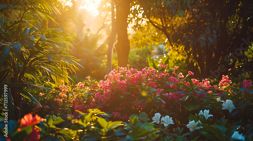 Um tranquilo jardim botânico banhado pela luz dourada oferecendo um santuário sereno para os visitantes se imergirem na beleza encantadora da natureza