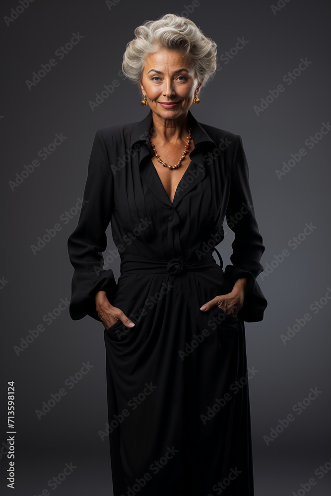 Confident and stylish 70s businesswoman with silver hair, a modern boss and leader. Elegance and professionalism in a portrait of a successful woman.