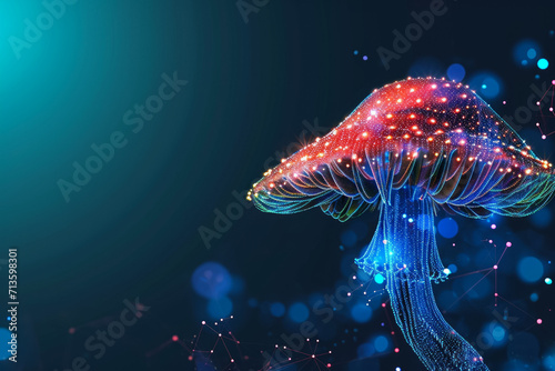 Mushroom digital study concept, hologram made of dots. Background with selective focus and copy space
