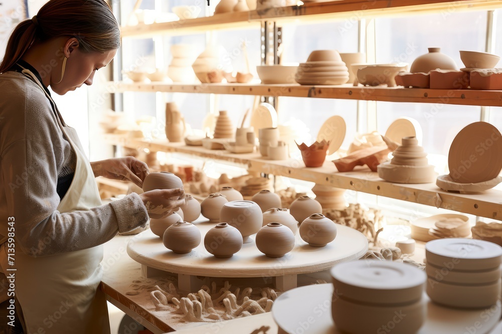 Woman Standing in Front of Pottery Display Woman Standing in Front of Pottery Display