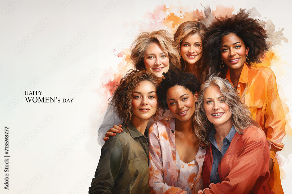 Cheerful multigenerational and multiracial family of women smiling in watercolor style greeting card for women's day concept