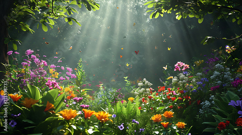 Um jardim tranquilo repleto de um colorido arranjo de flores e vegetação exuberante  A luz filtrada pelo dappled atravessa as folhas lançando sombras suaves nas delicadas pétalas