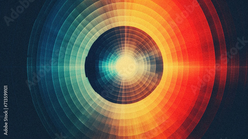 Abstract glowing circular pattern of orange, red, white, teal on dark background, gradient granular effect, background, wallpaper, poster photo