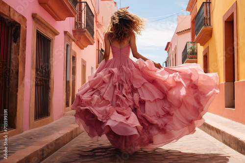 Woman wearing an exuberant pink dress