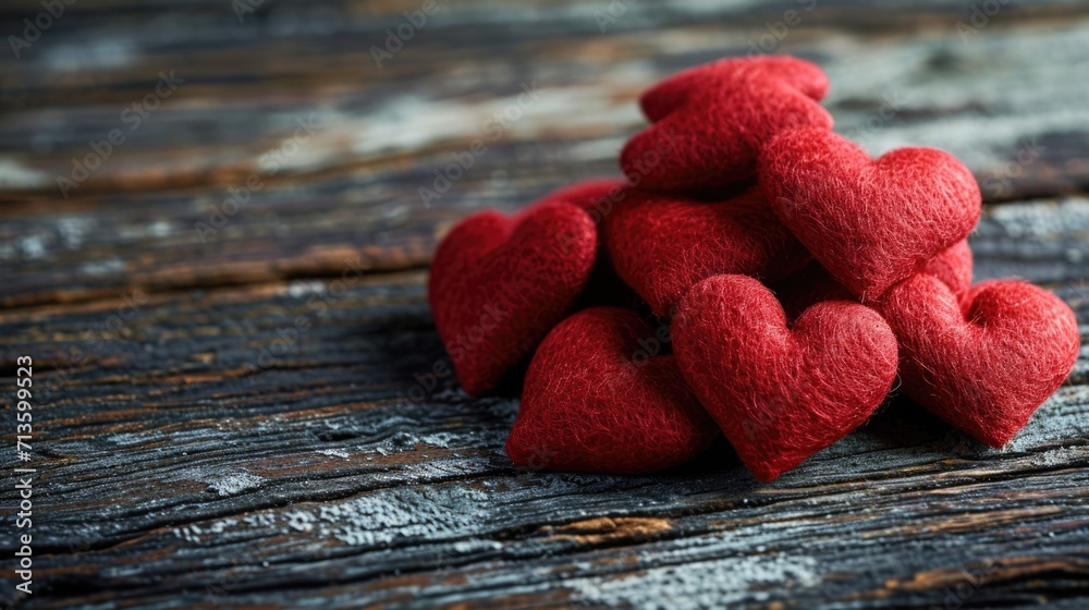 Obraz premium Rustic Heartfelt Sentiment - Red Felt Hearts on Wooden Background for Valentine's Day Concept