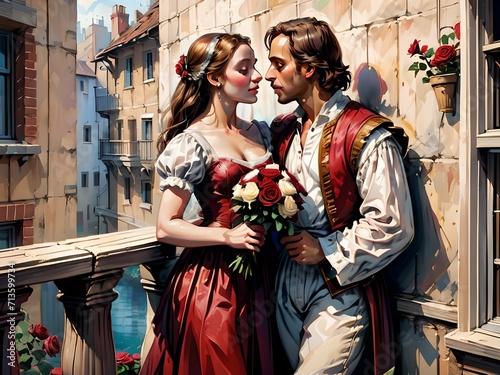 Valentine's Day. Romeo and Juliet, on a balcony with red roses