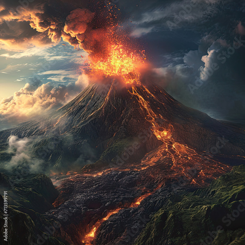 A volcano is depicted with lava pouring from its top.