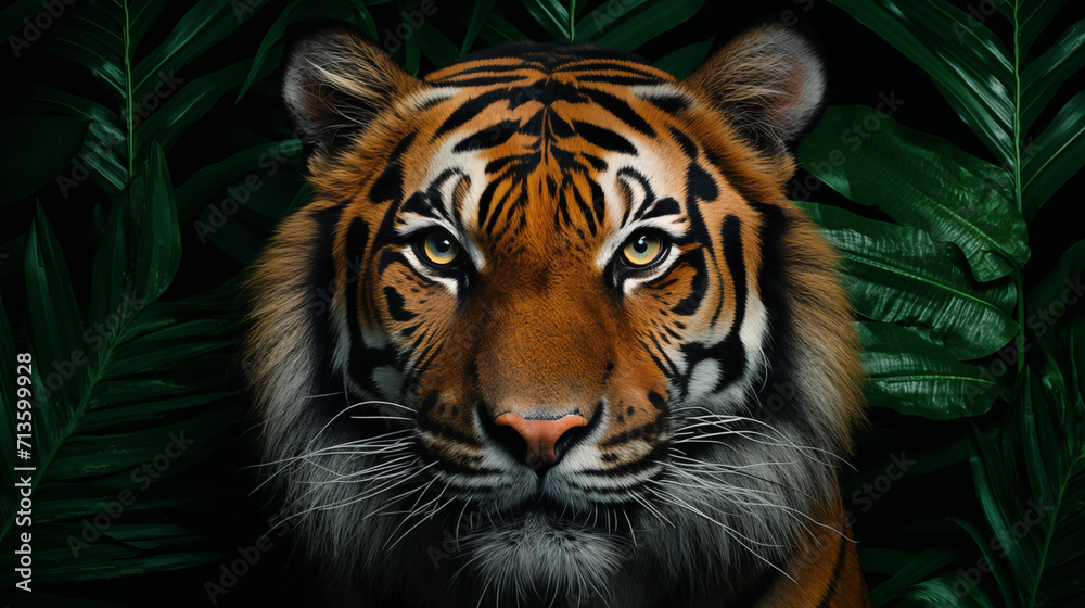 Fototapeta premium Tiger's Gaze Amidst Lush Foliage