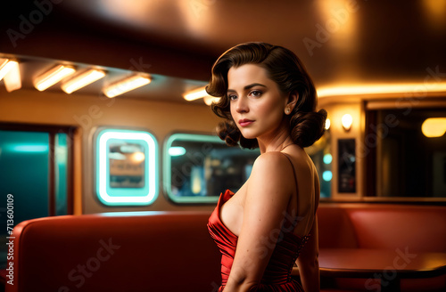 Elegant lady in a red, vintage dress with a round neckline, in retro style, in a roadside cafe, with neon lighting