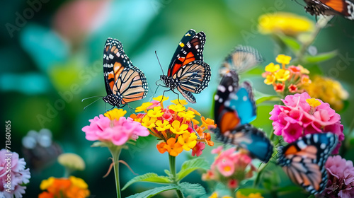 Group of colorful butterflies feeding on vibrant flowers, showcasing the delicate beauty of these pollinators, animals, butterflies, hd, with copy space