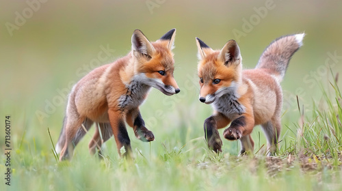 Playful red fox kits frolicking in a meadow, capturing the playful and endearing qualities of young foxes, animals, red fox kits, hd, with copy space