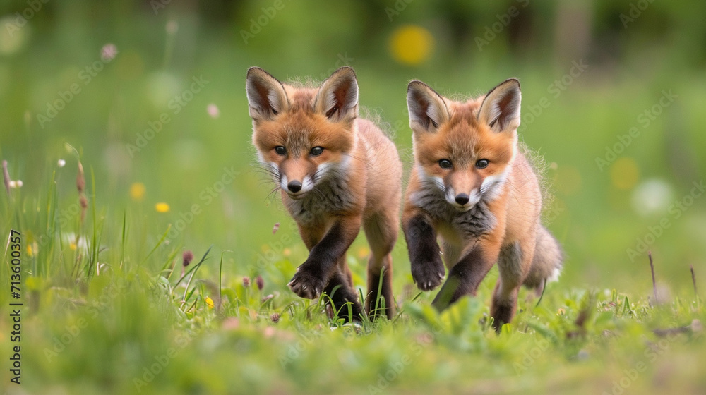 Playful red fox kits frolicking in a meadow, capturing the playful and endearing qualities of young foxes, animals, red fox kits, hd, with copy space