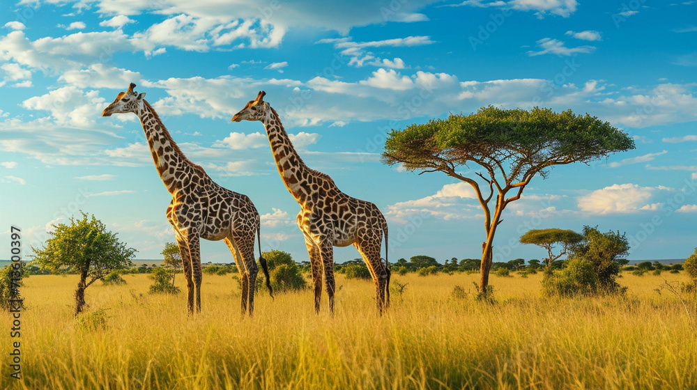 Fototapeta premium Elegant giraffes grazing on tall trees in the savannah, portraying the graceful and towering beauty of these herbivores, animals, giraffes, hd, with copy space