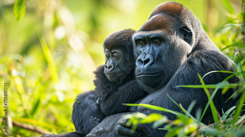 Family of gorillas in their natural habitat, conveying the strength and close bonds within a gorilla troop, animals, gorillas, hd, with copy space