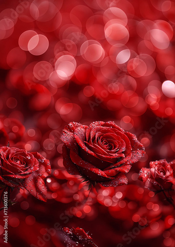 Red roses with water droplets against a bokeh background with red tones