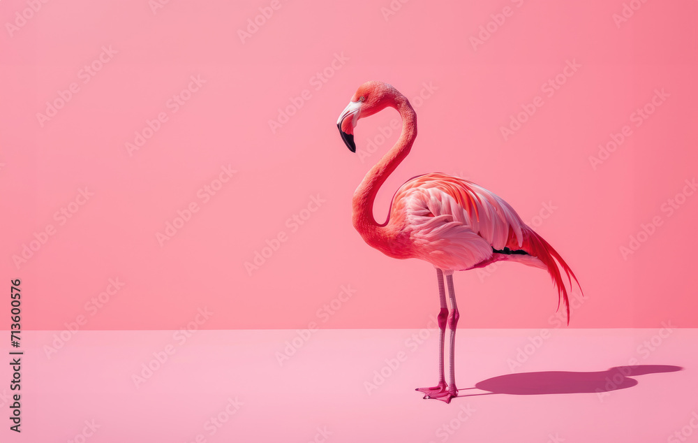 Fototapeta premium Pink flamingo on pink area with pink background and shadow