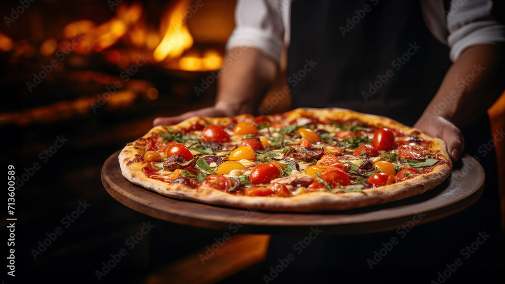 Chef presenting freshly baked pizza with colorful toppings in a warm, cozy Kitchen with warm fire ambiance