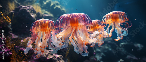 Mesmerizing jellyfish in vibrant hues, gracefully navigating the deep sea. Translucent body glows with orange and pink tones, complemented by long, elegant tentacles. Mysterious underwater backdrop photo