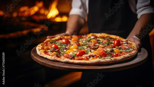 Chef presenting freshly baked pizza with colorful toppings in a warm, cozy Kitchen with warm fire ambiance