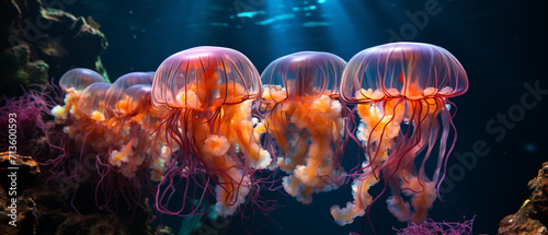 Captivating jellyfish in vibrant hues, gracefully gliding through the dark, mysterious depths. Long, elegant tentacles and vivid colors create an enchanting underwater scene