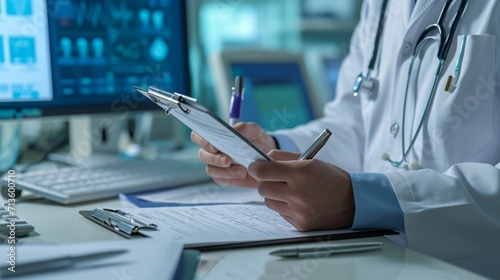 Health care and medicine, Medical analysis, Doctor writes information on clipboard for recording Diagnosis and medical research of various diseases for patients connected to big data in hospital. phot photo
