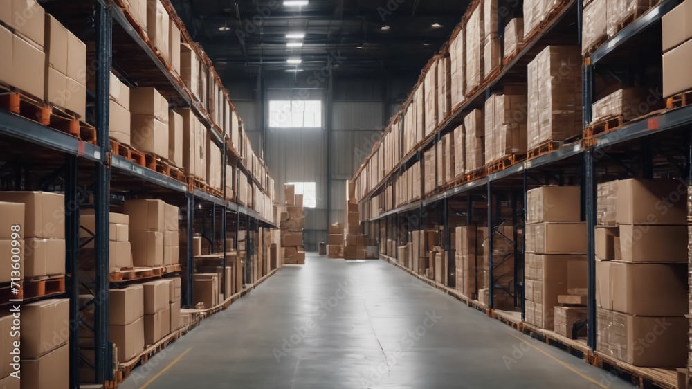 Large industrial warehouse with high racks. In the foreground are a lot of cardboard boxes.Ai generative Large industrial warehouse with high racks. In the foreground are a lot of cardboard boxes.Ai generative