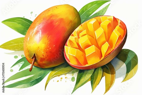 Watercolor illustration of a summer tropical fruit mango. Generative AI photo