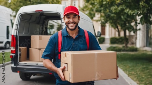 Delivery courier service. Delivery man in red cap and uniform holding a cardboard box near a van truck delivering to customer home. Smiling man postal delivery man delivering a package.Ai generative © Grigoriy