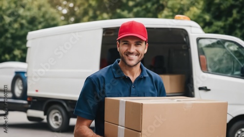 Delivery courier service. Delivery man in red cap and uniform holding a cardboard box near a van truck delivering to customer home. Smiling man postal delivery man delivering a package.Ai generative © Grigoriy