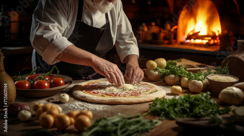 Experienced chef prepares traditional pizza in a rustic kitchen with a wood-fired oven photo