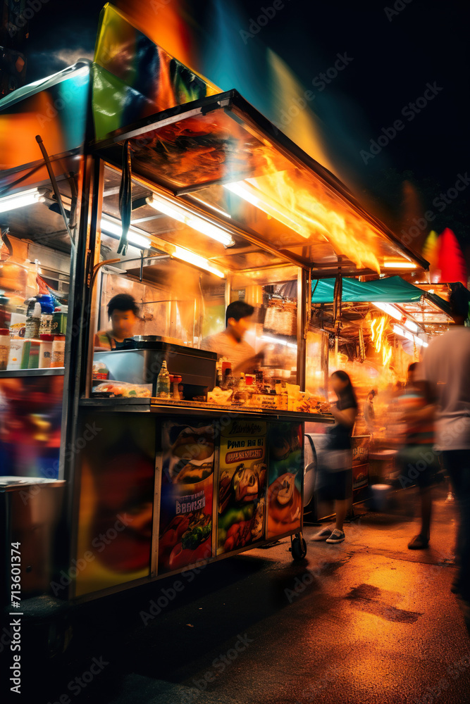 crowd of people on street food festival in summer park on sunset or at night, in style of blurred motion with bokeh