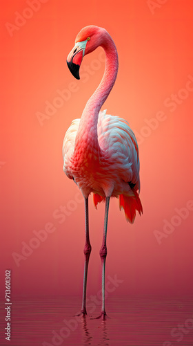 A flamingo is standing in water with an orange background and pink sky.