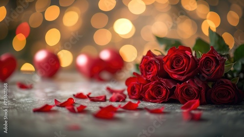 Romantic Rose Bouquet with Heart Balloons - Whimsical Bokeh Lights Setting, Valentine's Day Concept